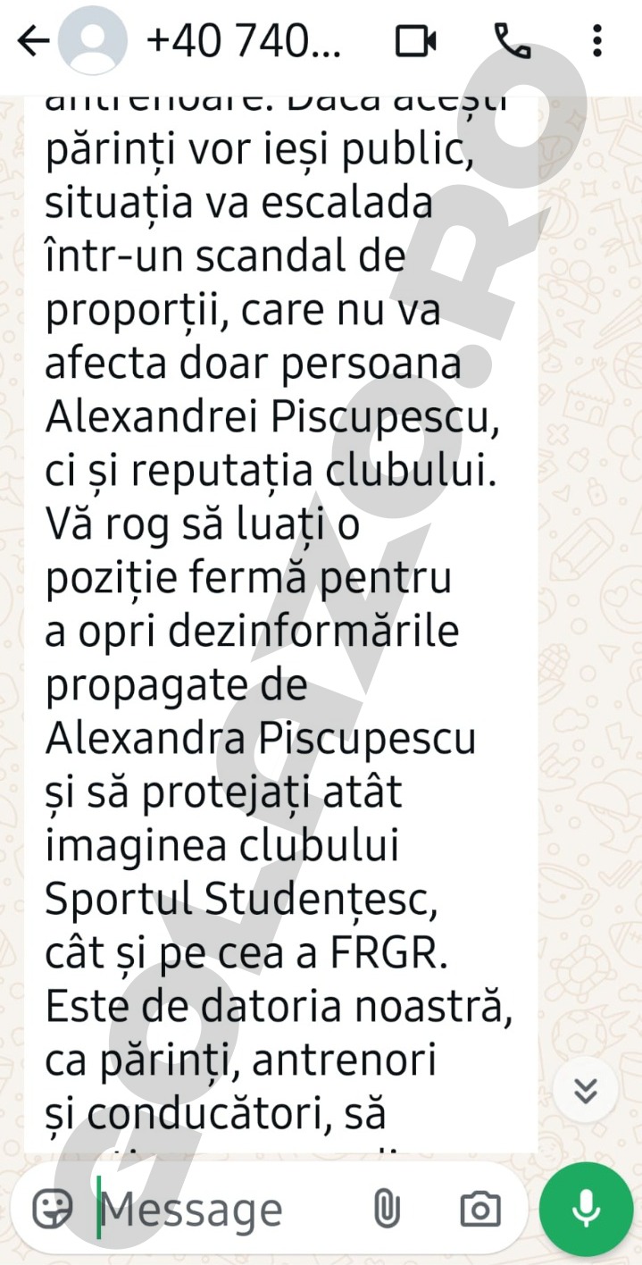 A doua parte a mesajului anonim trimis Gabrielei Mitroi, în care se dorește "protejarea imaginii clubului Sportul Studențesc, cât și pe cea a FRGR".