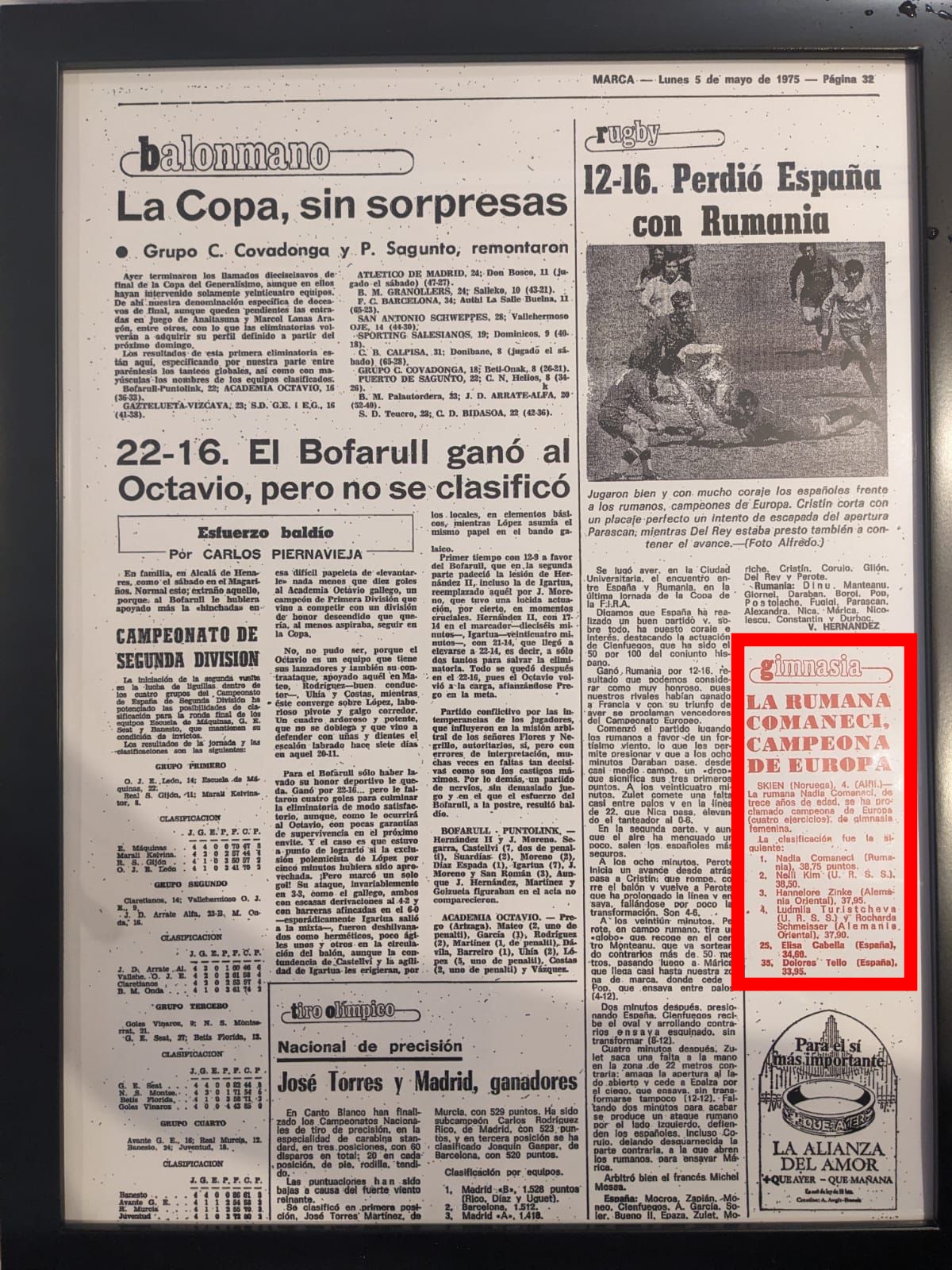 Prima menționare a Nadiei Comăneci în ziarul Marca a venit pe 5 mai 1975, atunci când gimnasta noastră devenea campioană europeană la individual compus.