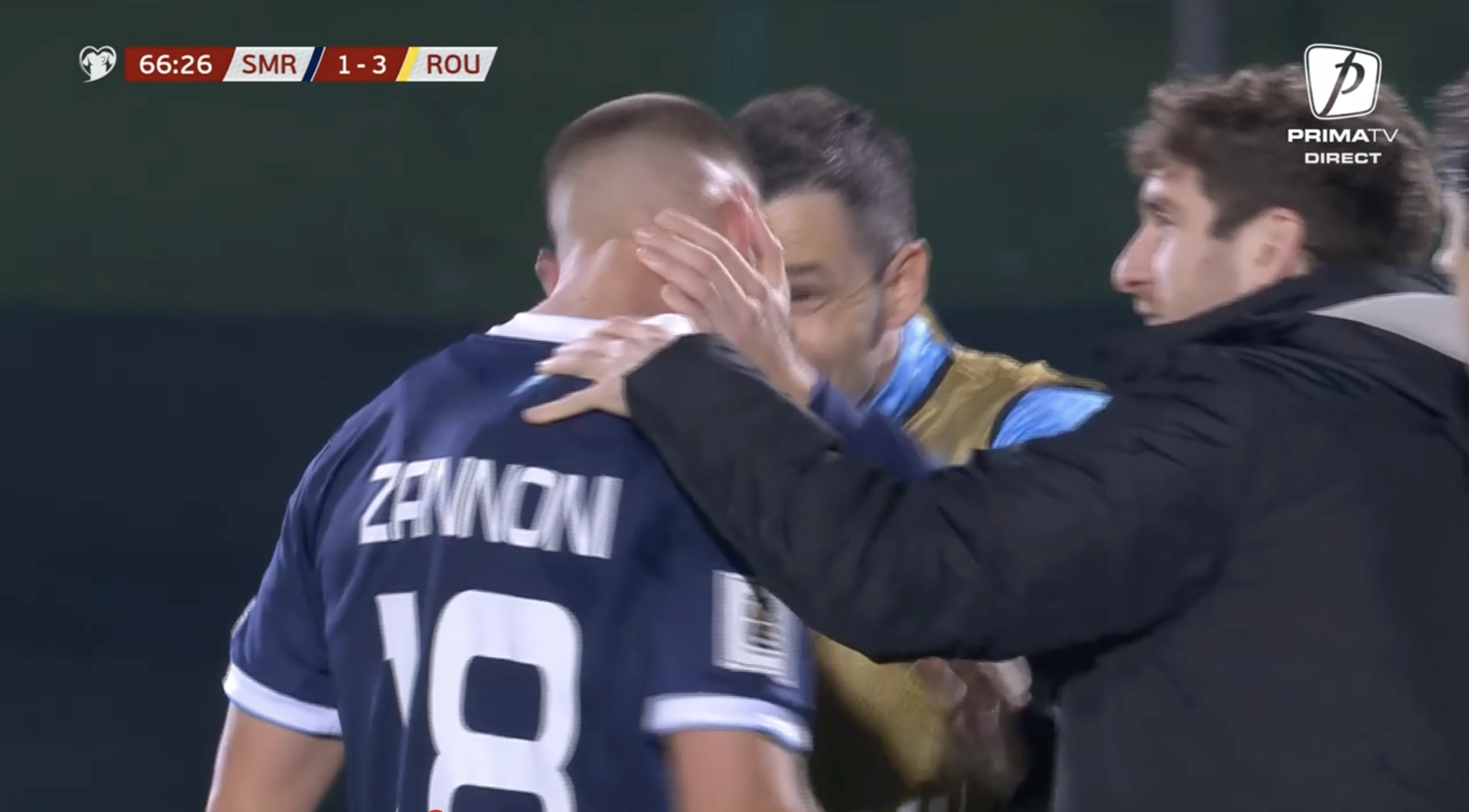 Bucuria san-marinezilor la golul înscris de aceștia în San Marino - România (foto: captură Prima TV)