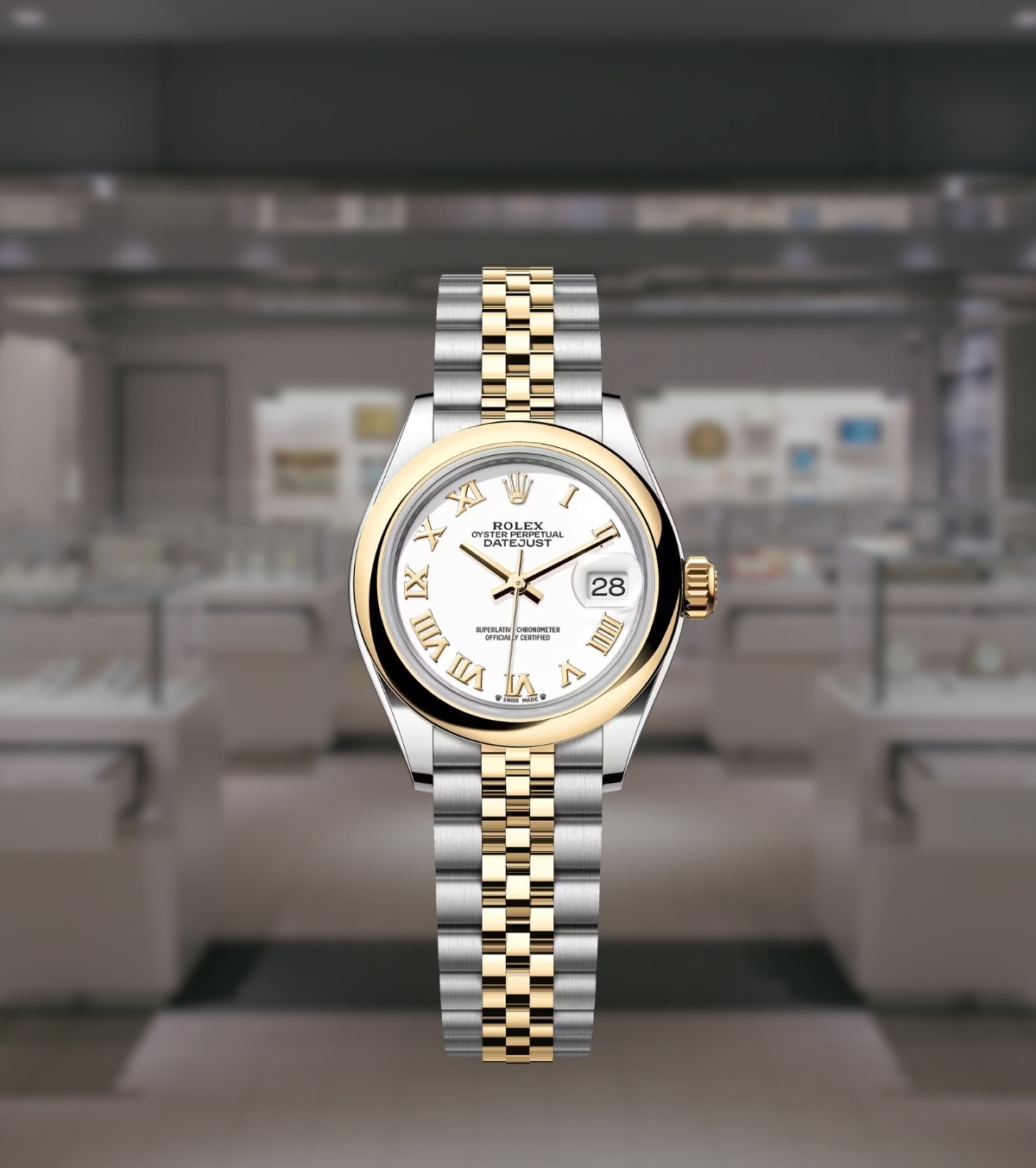 Pe site-ul Rolex, cel mai apropiat model de 12.000 de euro este un Rolex Lady - Datejust Oyster, făcut din aur, oțel și safir