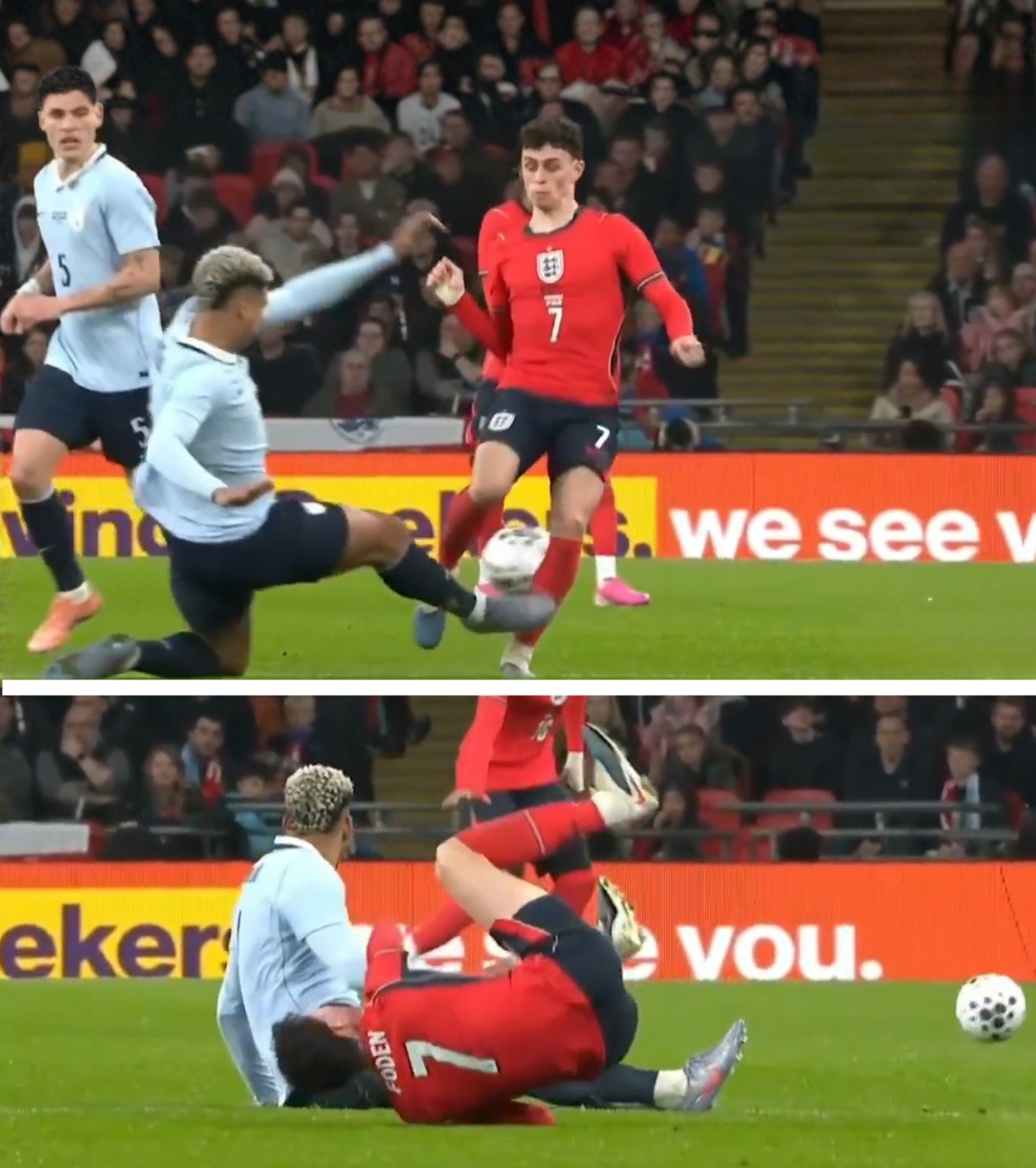 Intrare criminală a lui Araujo! FOTO: Fundașul Barcelonei putea să-i rupă piciorul lui Foden! » A scăpat nepedepsit, iar englezii au luat foc