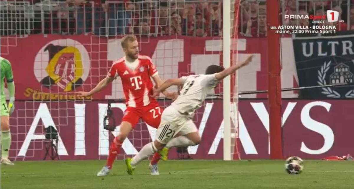 Căderea lui Brahim Diaz, care a obținut lovitura liberă transformată de Arda Guler, minutul 27 (FOTO: captură Prima Sport 1)