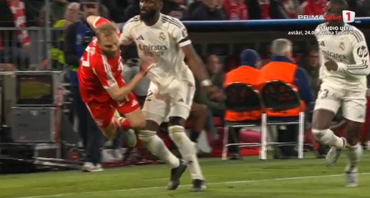 Rudiger, iertat de al doilea cartonaș galben în minutul 74, după un fault asupra lui Laimer (FOTO: captură Prima Sport 1)